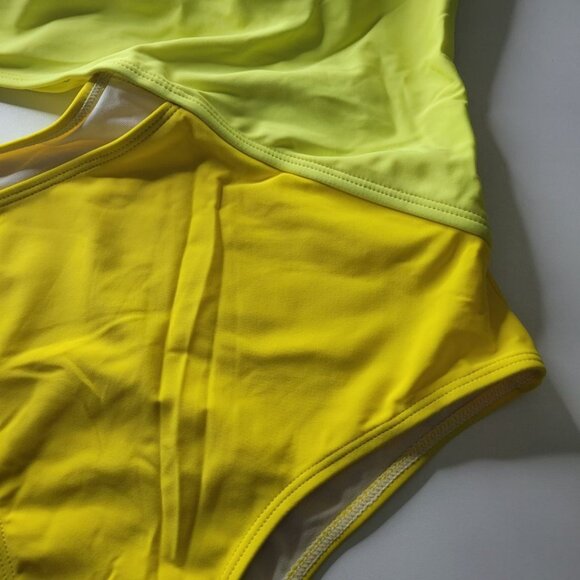Yellow One Shoulder Swimsuit Block Colors Cutout Side Womens Medium Neon Bright - Picture 9 of 12